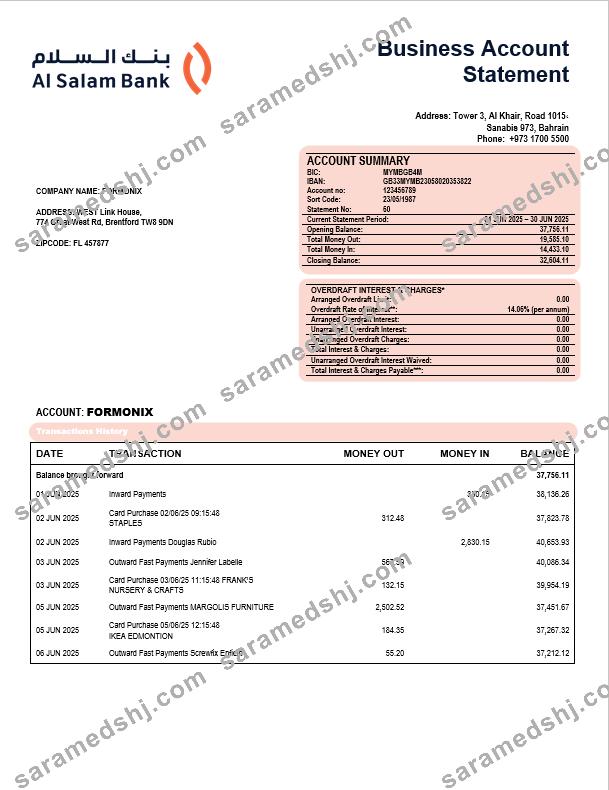 Al Salam firm account statement Word  and PDF format